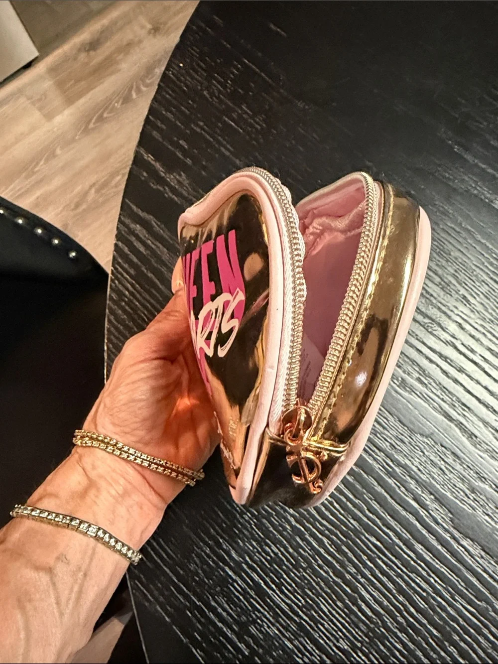 Juicy Couture Metallic Gold Heart Cosmetic Pouch with Pink Trim